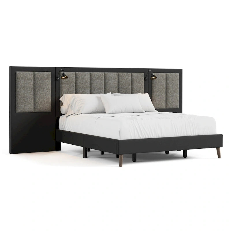 Lit double moderne brun foncé avec tête de lit extra large et liseuses