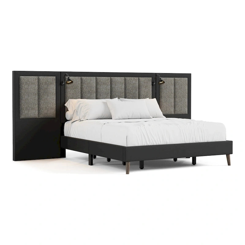 Lit double moderne brun foncé avec tête de lit extra large et liseuses