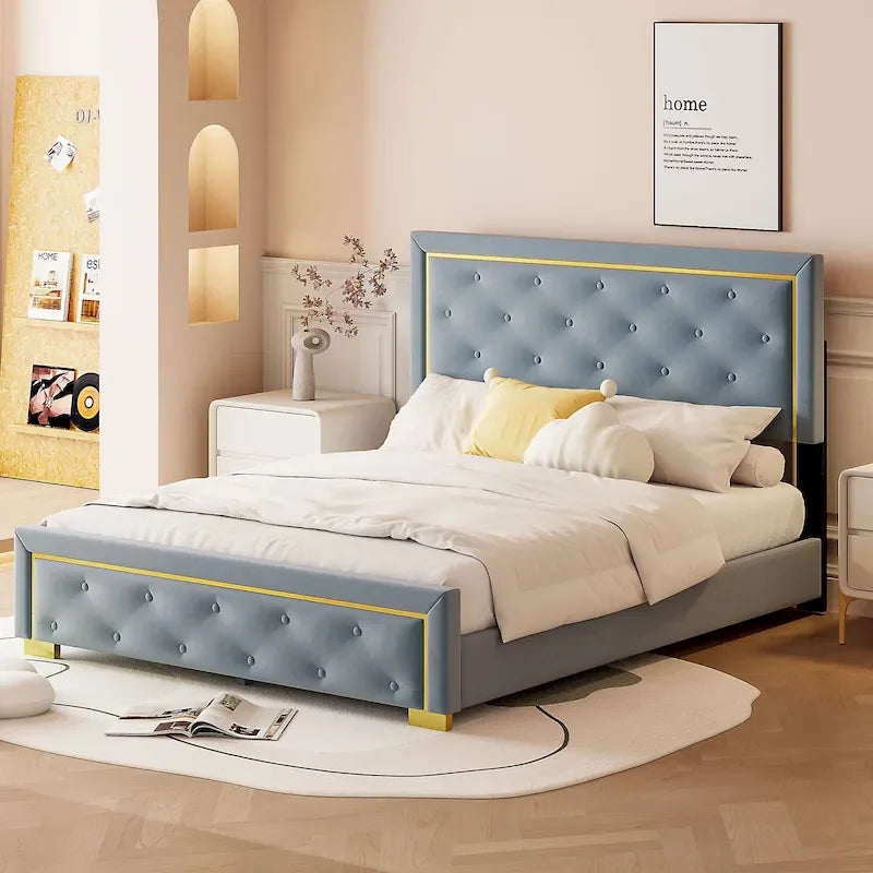 Lit plateforme capitonné gris, grand lit