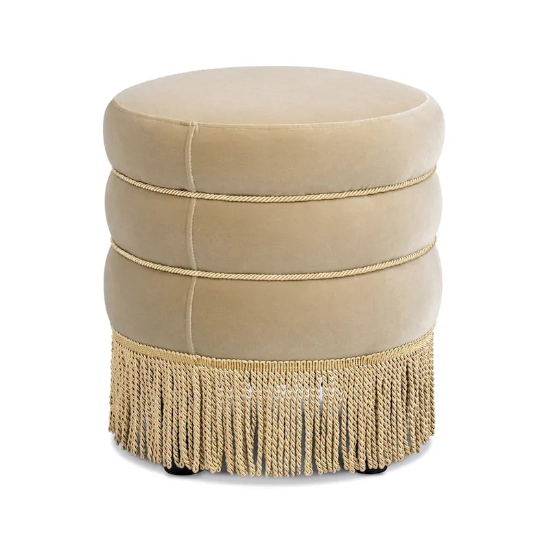 Repose-pieds rond et rembourré, orné de pompons en fil d'or