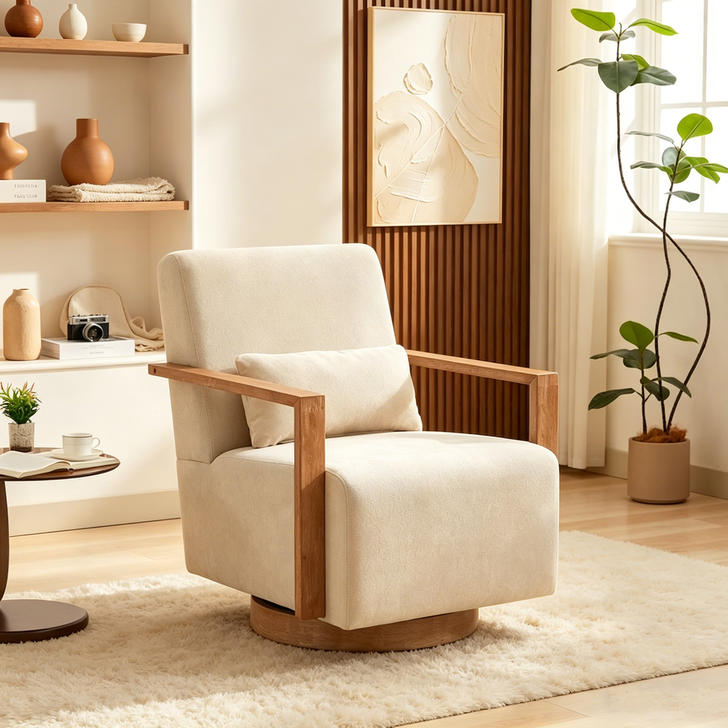 Fauteuil d'appoint moderne pivotant 30,3 W avec accoudoirs en bois massif