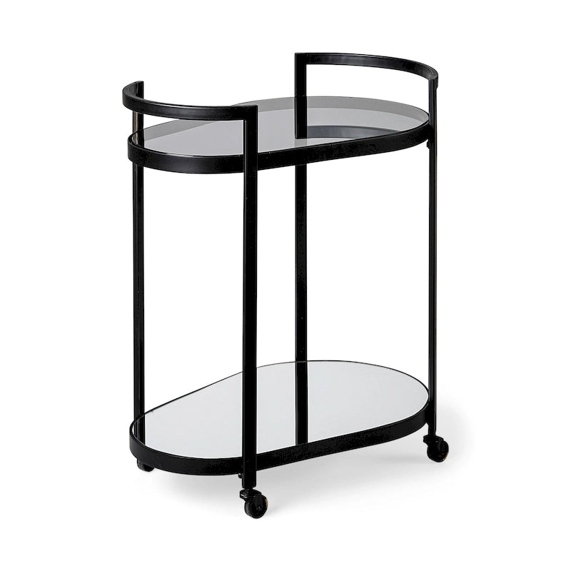 Chariot de bar à deux niveaux en verre avec cadre en métal noir