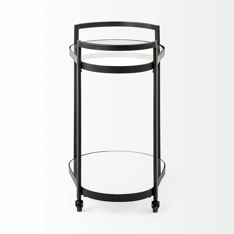 Chariot de bar à deux niveaux en verre avec cadre en métal noir