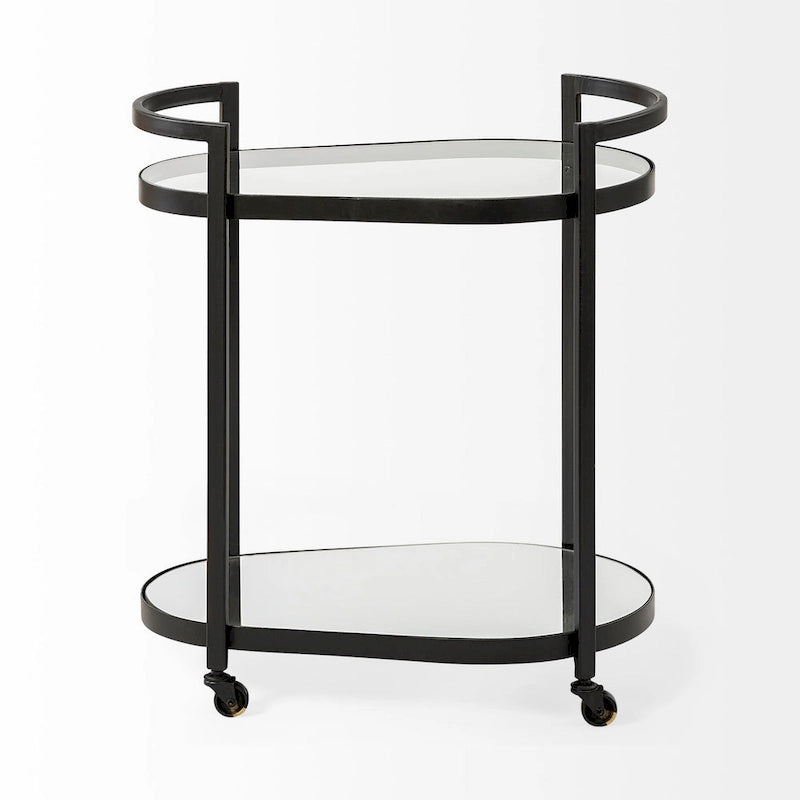 Chariot de bar à deux niveaux en verre avec cadre en métal noir