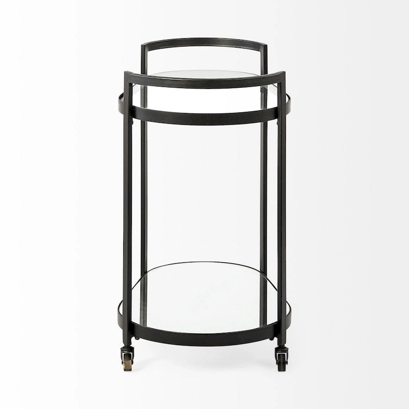 Chariot de bar à deux niveaux en verre avec cadre en métal noir