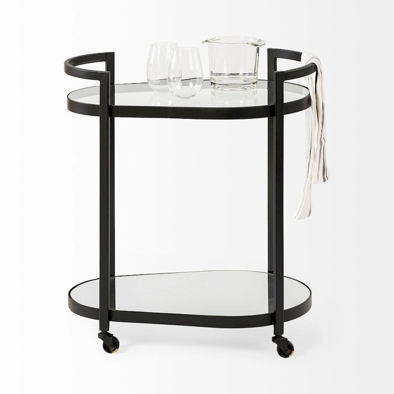Chariot de bar à deux niveaux en verre avec cadre en métal noir