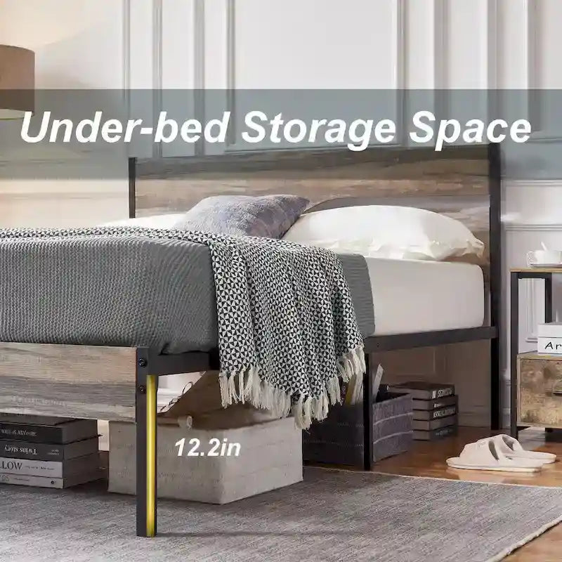 Cadre de lit plateforme en métal avec tête de lit en bois — Aucun sommier tapissier requis — Gris ardoise