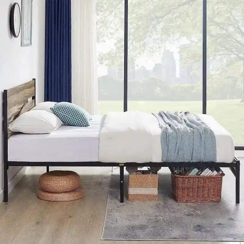 Cadre de lit plateforme en métal avec tête de lit en bois — Aucun sommier tapissier requis — Gris ardoise
