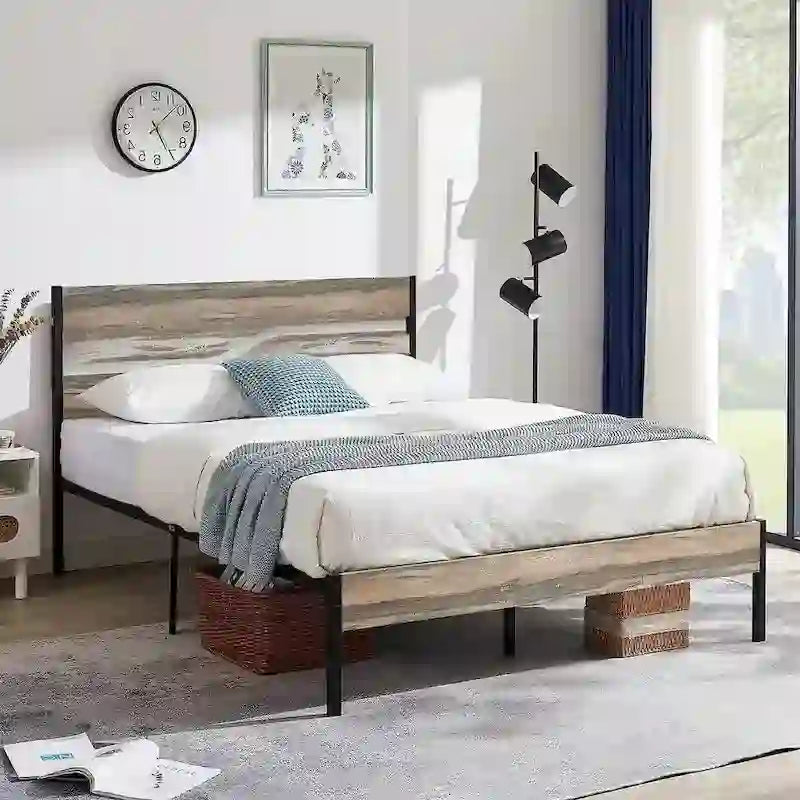 Cadre de lit plateforme en métal avec tête de lit en bois — Aucun sommier tapissier requis — Gris ardoise