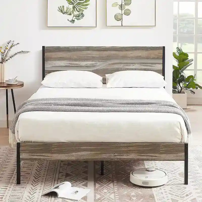 Cadre de lit plateforme en métal avec tête de lit en bois — Aucun sommier tapissier requis — Gris ardoise