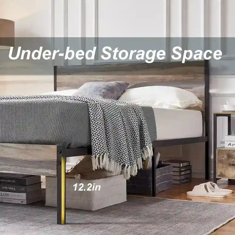 Cadre de lit plateforme en métal avec tête de lit en bois — Aucun sommier tapissier requis — Gris ardoise