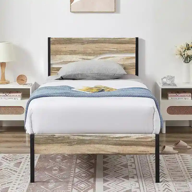 Cadre de lit plateforme en métal avec tête de lit en bois — Aucun sommier tapissier requis — Gris ardoise