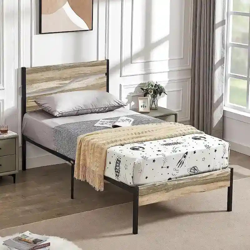 Cadre de lit plateforme en métal avec tête de lit en bois — Aucun sommier tapissier requis — Gris ardoise