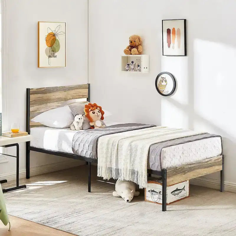 Cadre de lit plateforme en métal avec tête de lit en bois — Aucun sommier tapissier requis — Gris ardoise