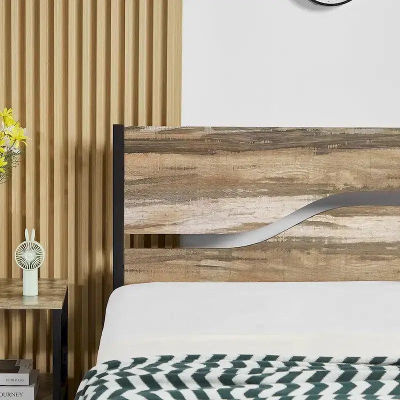 Cadre de lit plateforme en métal avec tête de lit en bois — Aucun sommier tapissier requis — Gris ardoise