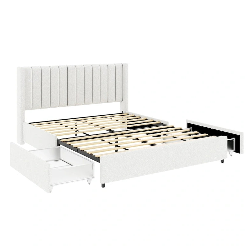 Lit plateforme capitonné en bouclé avec tiroirs