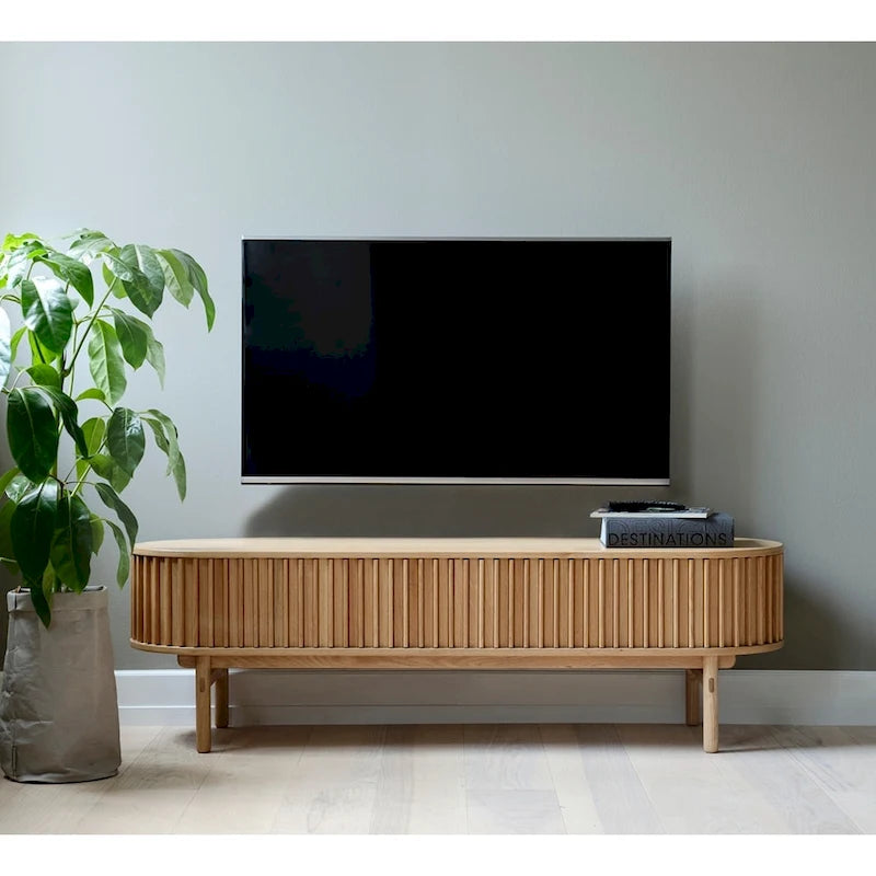 Rye Studio Mid-Century Modern Rounded Sliding Door TV Lowboard, 63W, Natural - 18W x 63L x 19H