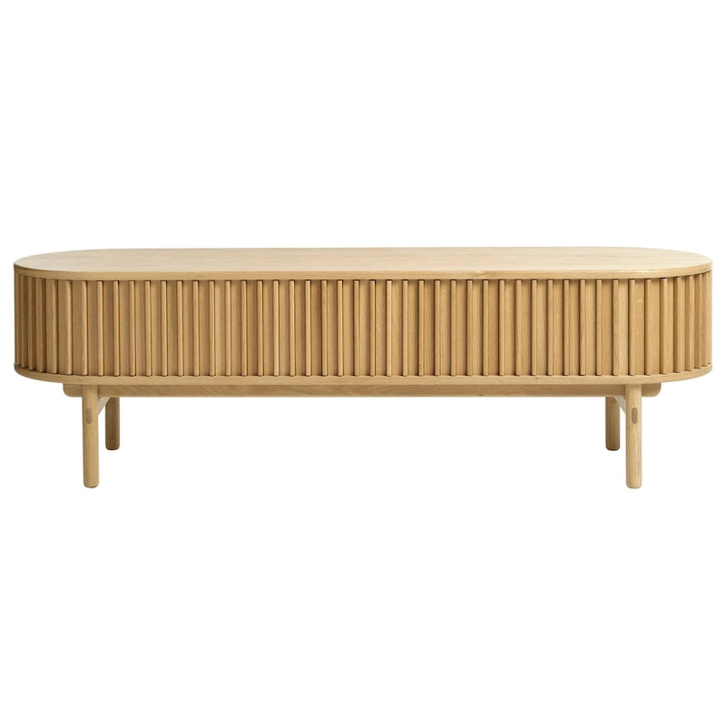 Meuble TV bas de style moderne avec coins arrondis et portes coulissantes