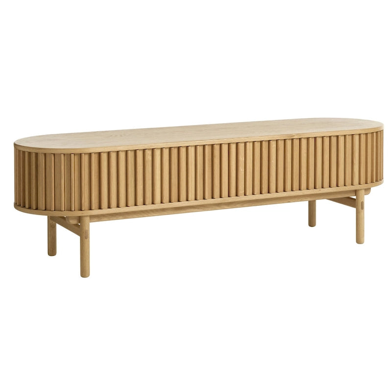 Meuble TV bas de style moderne avec coins arrondis et portes coulissantes