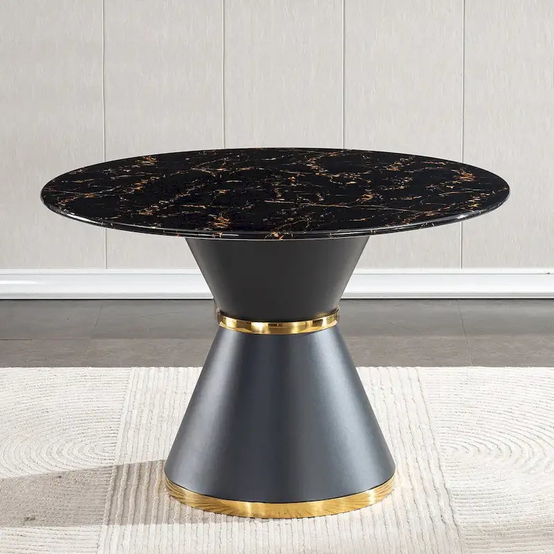 Table à manger ronde avec plateau imprimé effet marbre noir sur MDF (chaises non incluses)