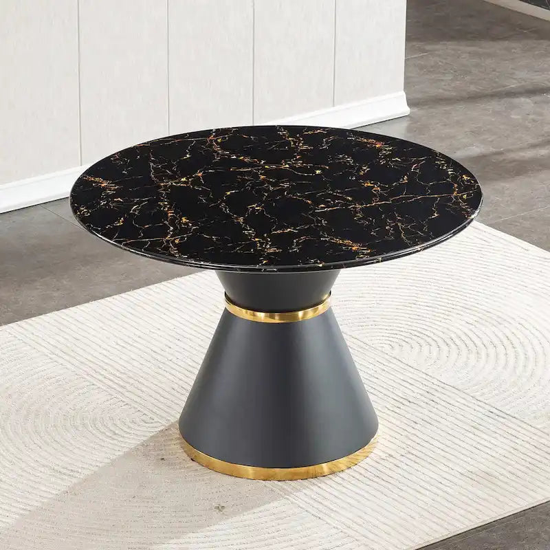 Table à manger ronde avec plateau imprimé effet marbre noir sur MDF (chaises non incluses)