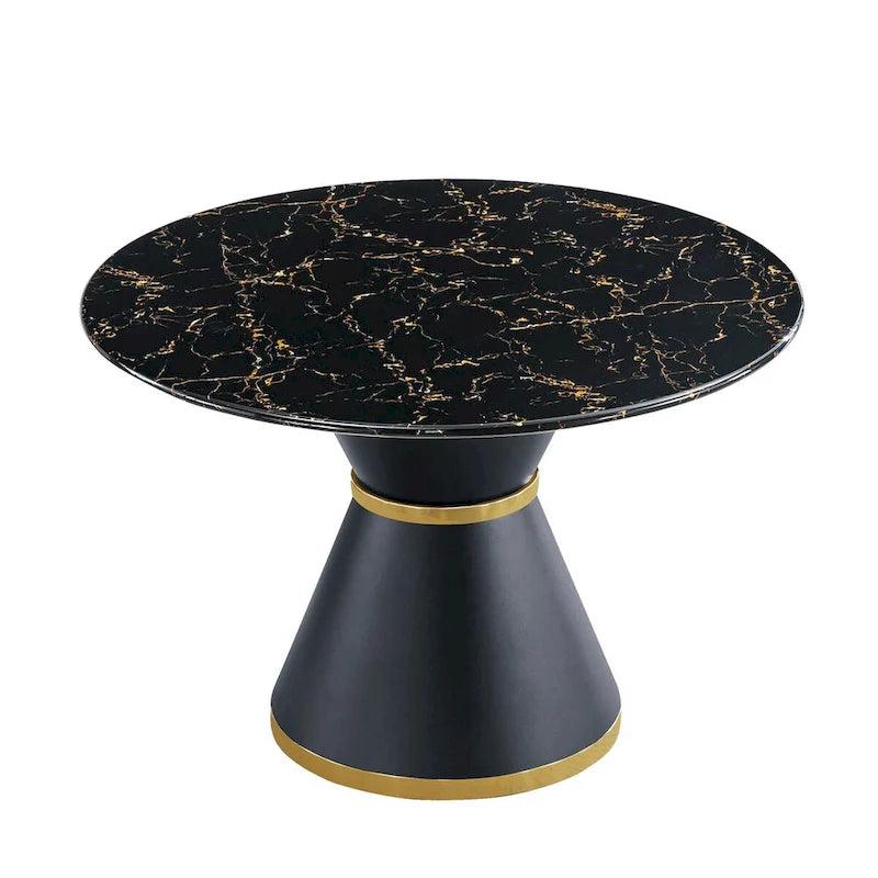 Table à manger ronde avec plateau imprimé effet marbre noir sur MDF (chaises non incluses)