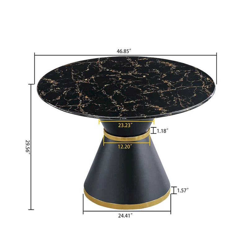 Table à manger ronde avec plateau imprimé effet marbre noir sur MDF (chaises non incluses)
