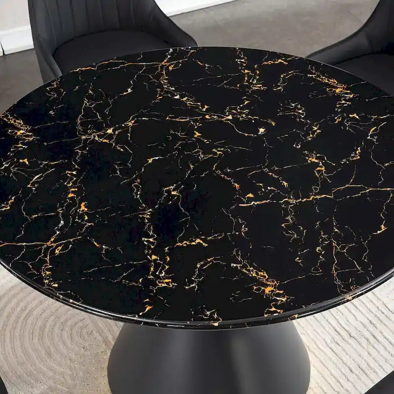 Table à manger ronde avec plateau imprimé effet marbre noir sur MDF (chaises non incluses)