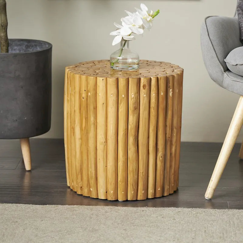 Table d'appoint en teck fabriquée à la main avec lattes de bois assemblées - Marron